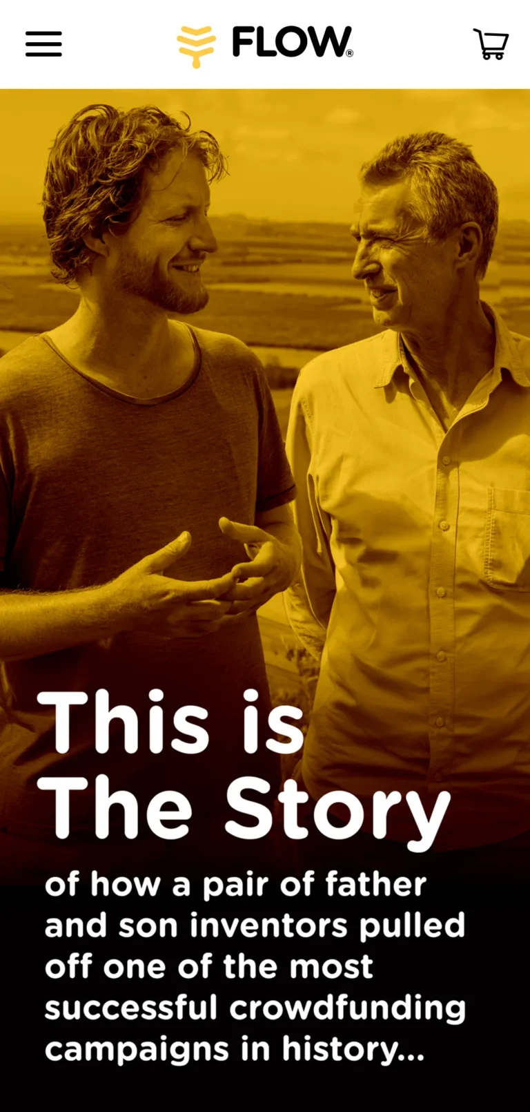 Father and son standing next to each other with text: This is the story of how a pair of father and son inventors pulled off one of the most successful crowdfunding campaigns in history...
