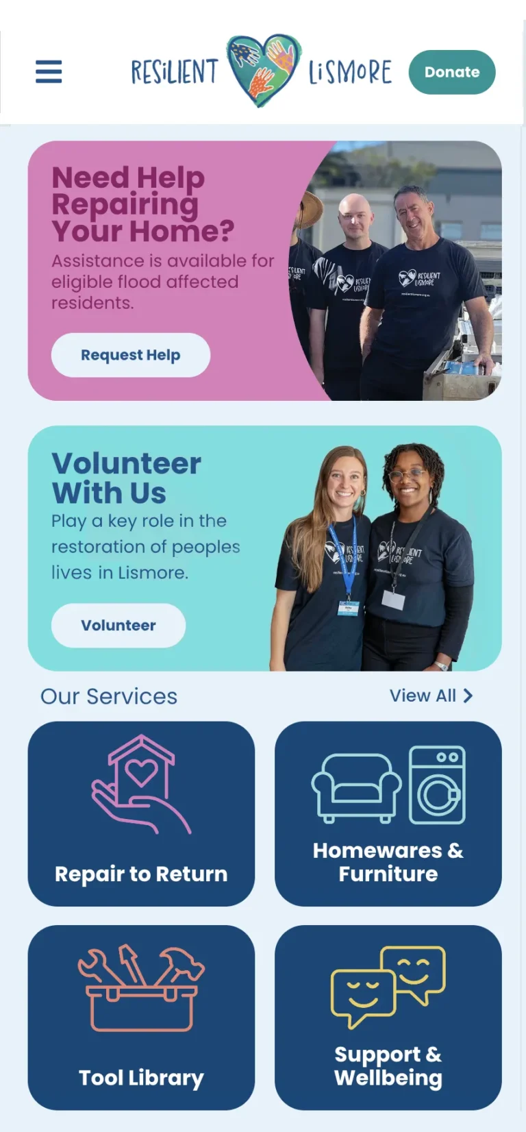 Image of the Resilient Lismore website homepage displayed on mobile. Showing banners and icons for the different services and the Volunteer programme.