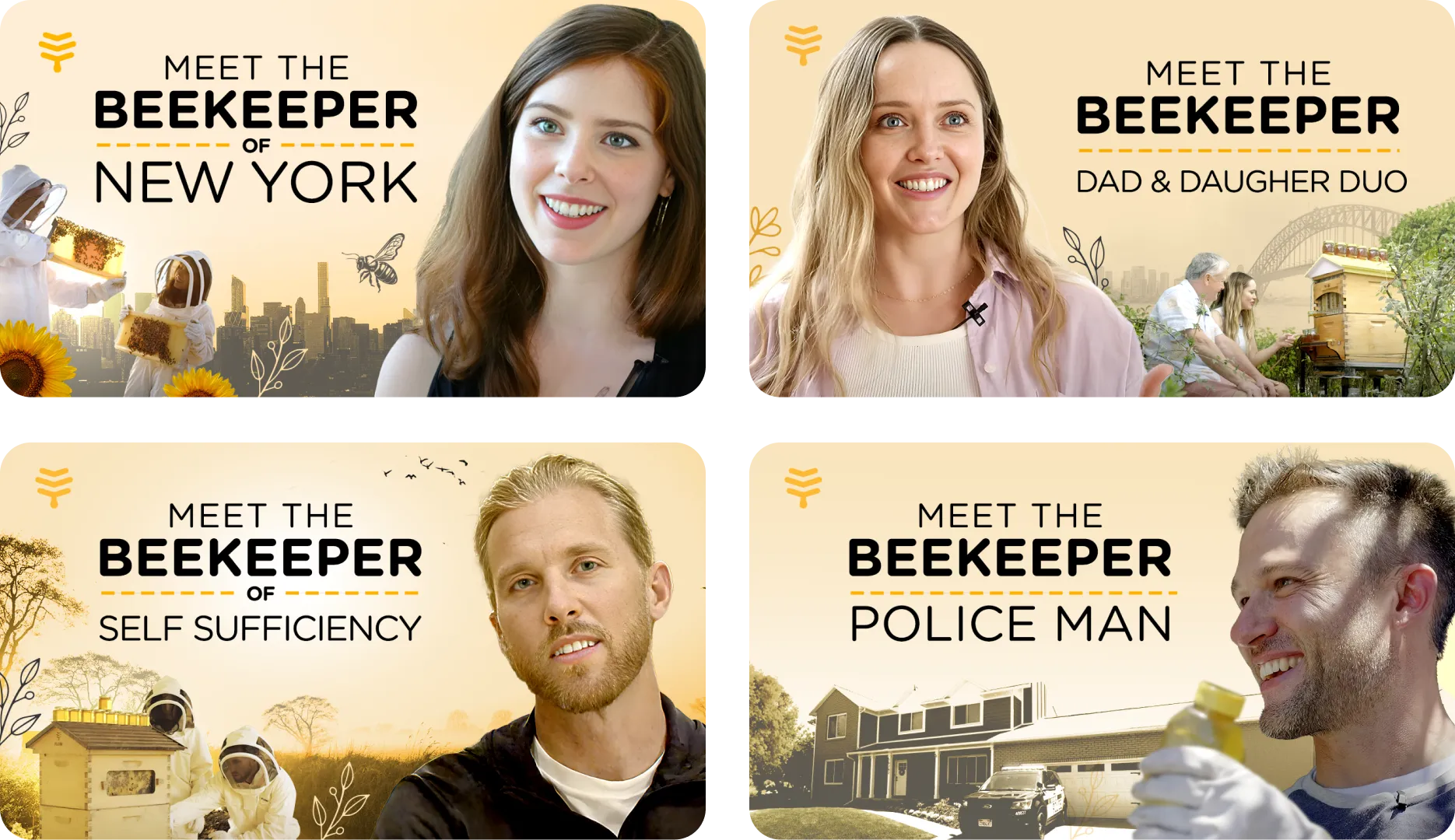 Four different youtube thumbnail images for the meet the beekeeper series with a pale yellow background colour.