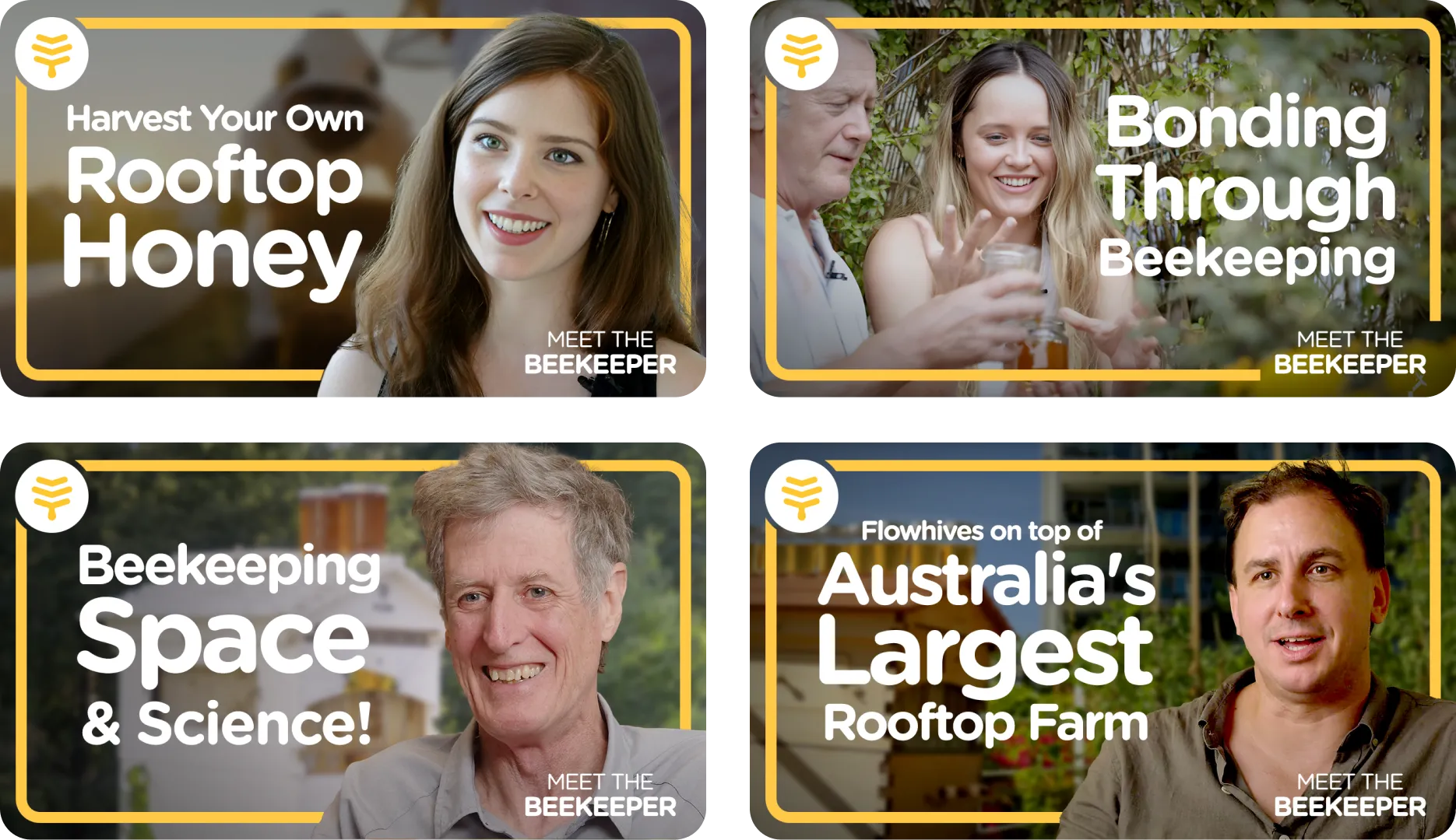 Four different youtube thumbnail images for the meet the beekeeper series with a pale yellow border and flow logo in the top right corner.