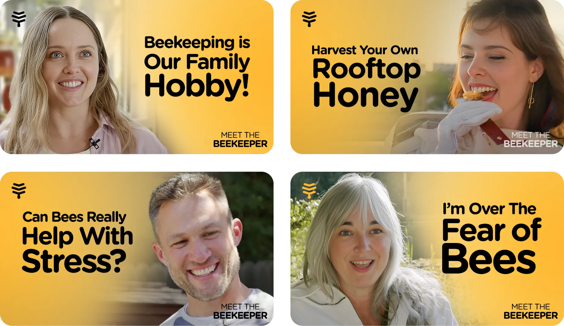 Four different youtube thumbnail images for the meet the beekeeper series with fading yellow background.