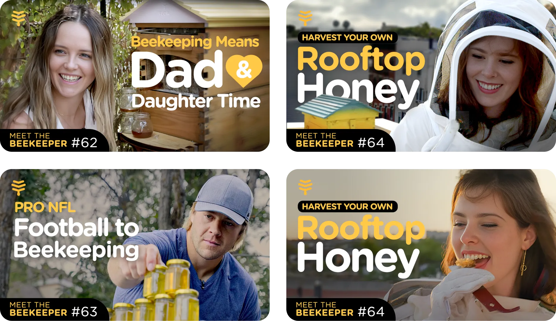 Four different youtube thumbnail images for the meet the beekeeper series with bold title text.